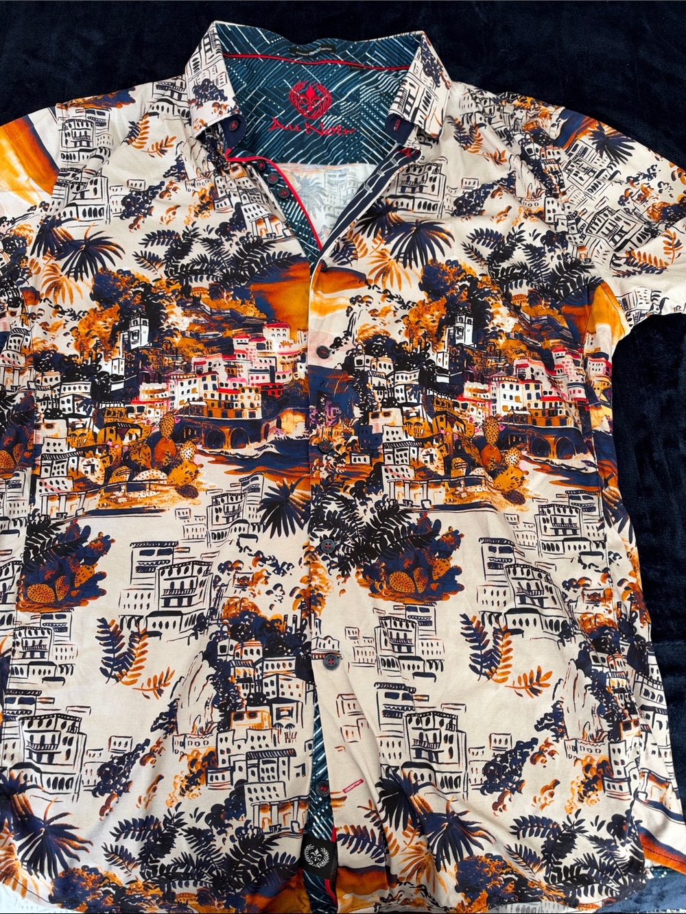 Resort-Print Short-Sleeve Button-Down Shirt - Cream with Navy & Orange Accents